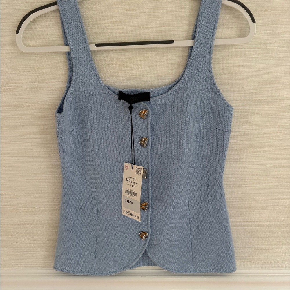 Zara Light Blue Sleeveless Button-Front Knit Top - S